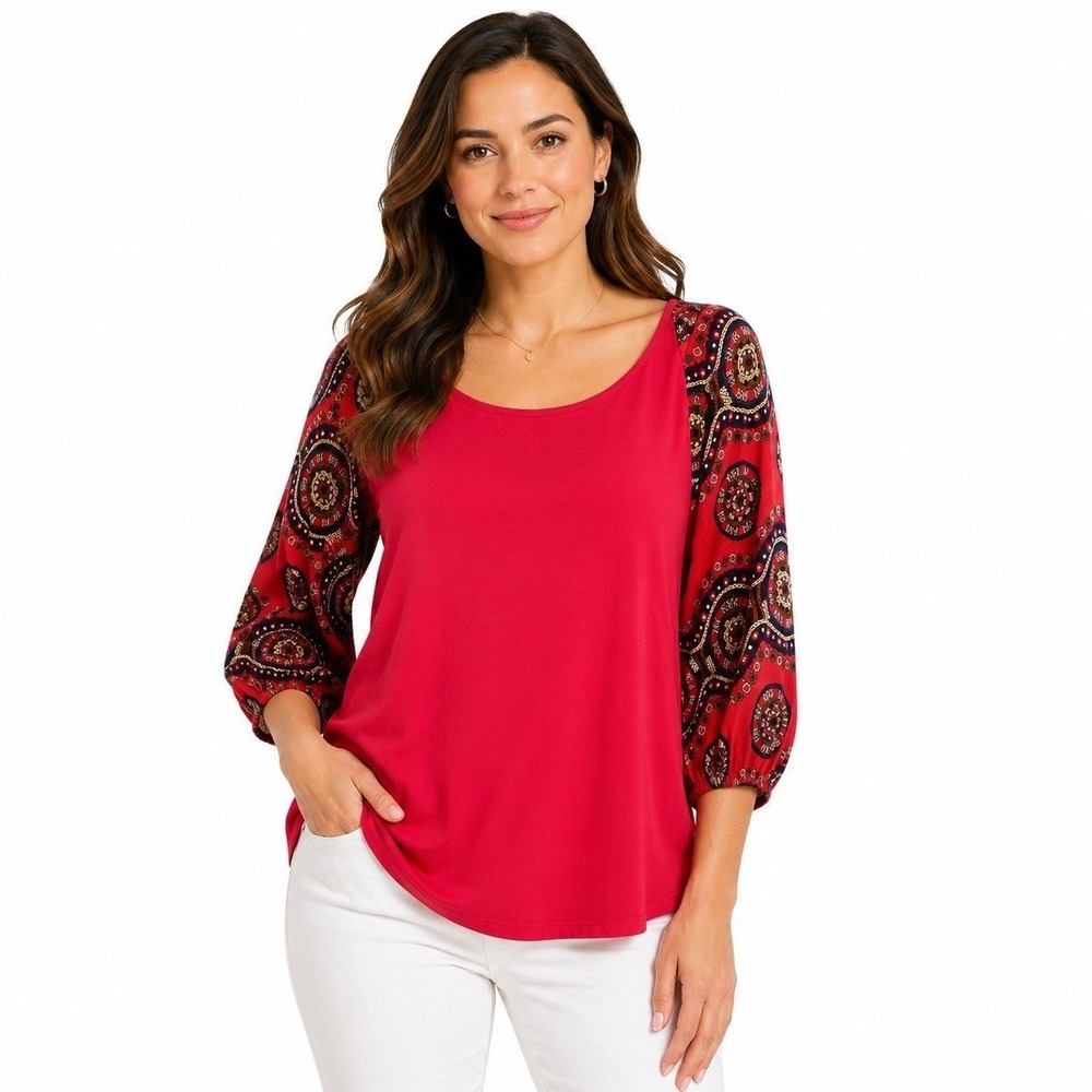 Emery Rose Blouse Womens XXL Red Print 3/4 Puff Sleeve Elastic Viscose Tunic